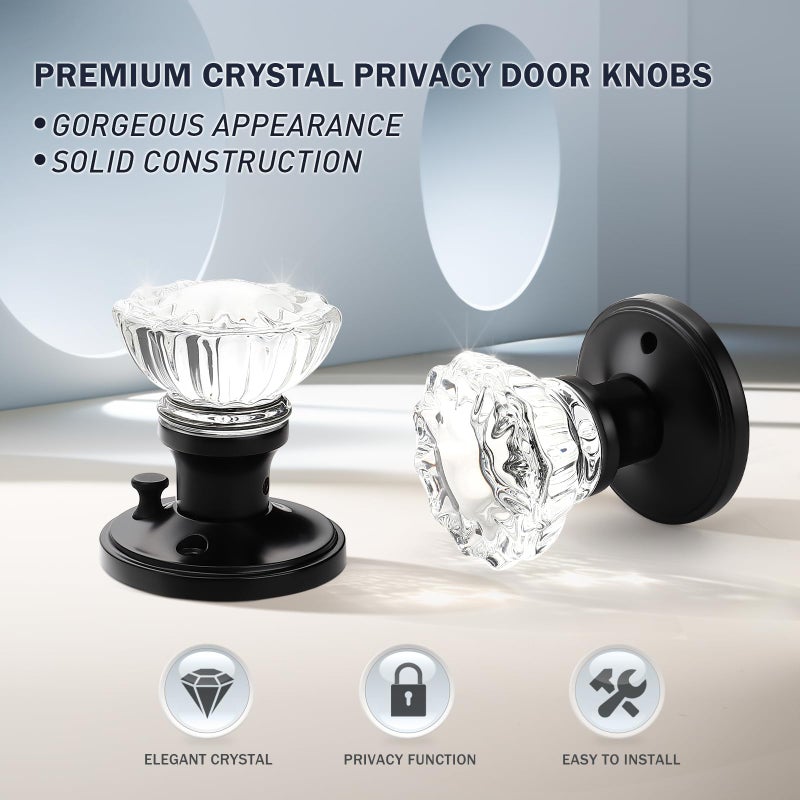 KNOBWELL Privacy Glass Door Knob Crystal Regency Fluted Door Knobset with Victorian Rosette in Matte Black, Bedroom Bathroom Door Knobs - Image 2